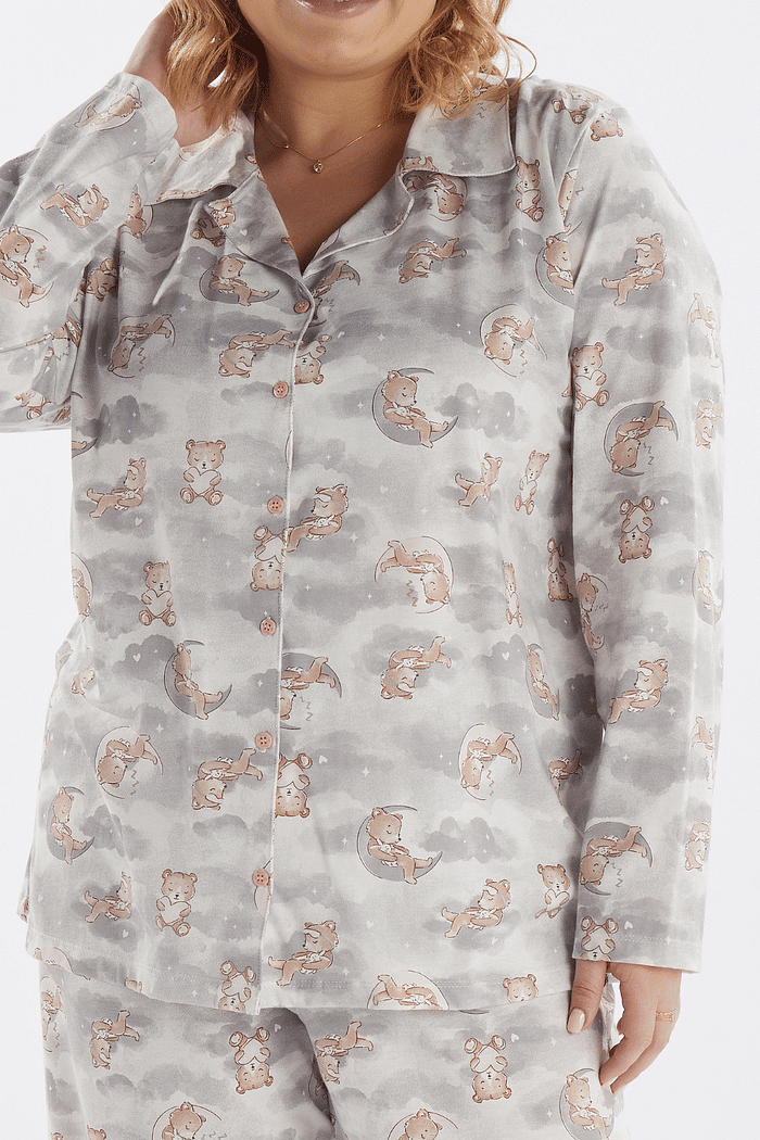 PIJAMA MANGA LONGA ABERTURA FRONTAL COM CALCA EM MALHA ROTATIVA FEMININO