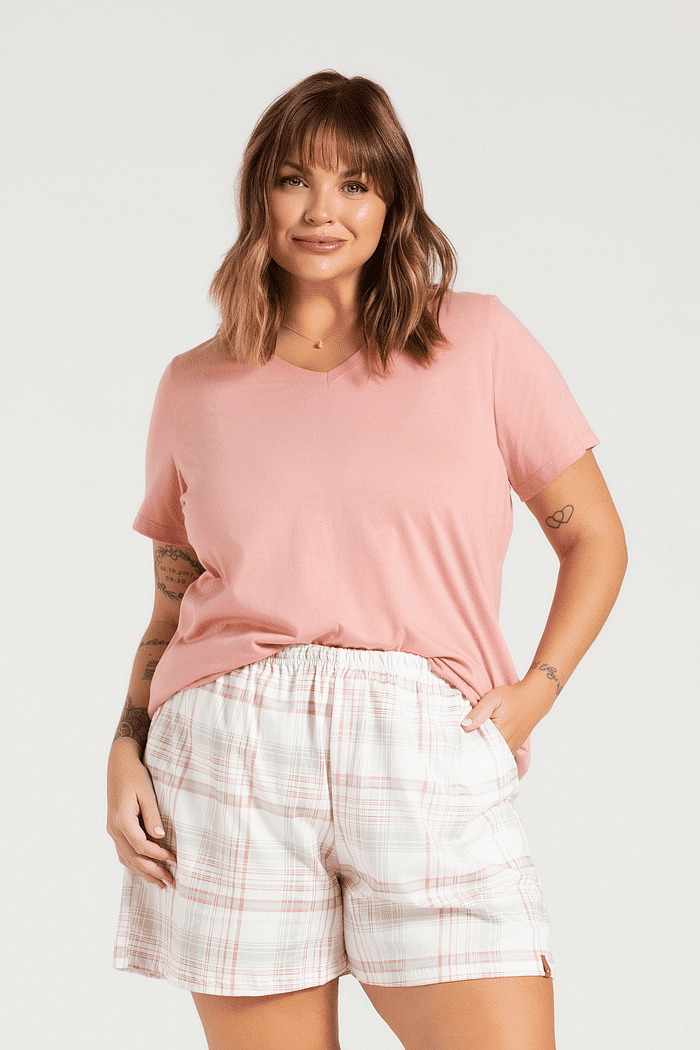 PIJAMA MEIA MANGA EM MEIA MALHA COM SHORTS EM MALHA ROTATIVA FEMININO 