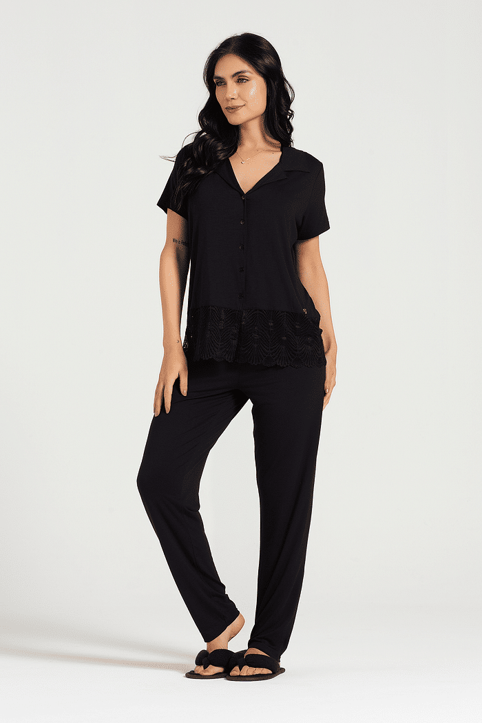 PIJAMA MEIA MANGA ABERTURA FRONTAL COM CALCA EM VISCOLYCRA FEMININO 