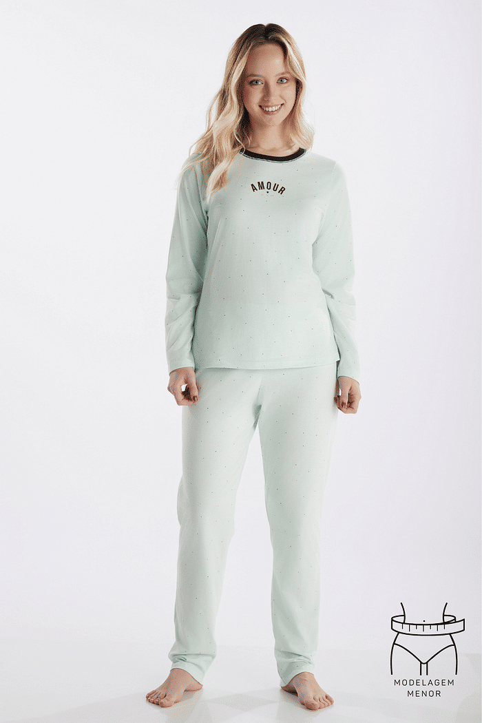 PIJAMA FEMININO MANGA LONGA COM CALÇA EM MEIA MALHA