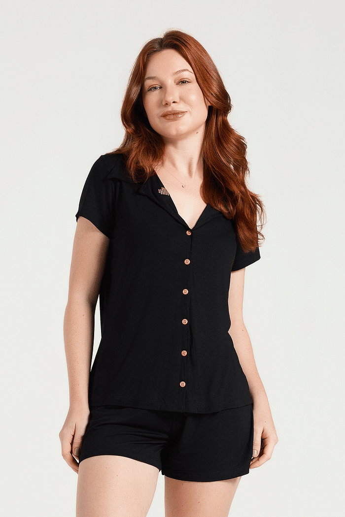 PIJAMA MEIA MANGA ABERTURA FRONTAL COM SHORTS EM VISCOLYCRA FEMININO 