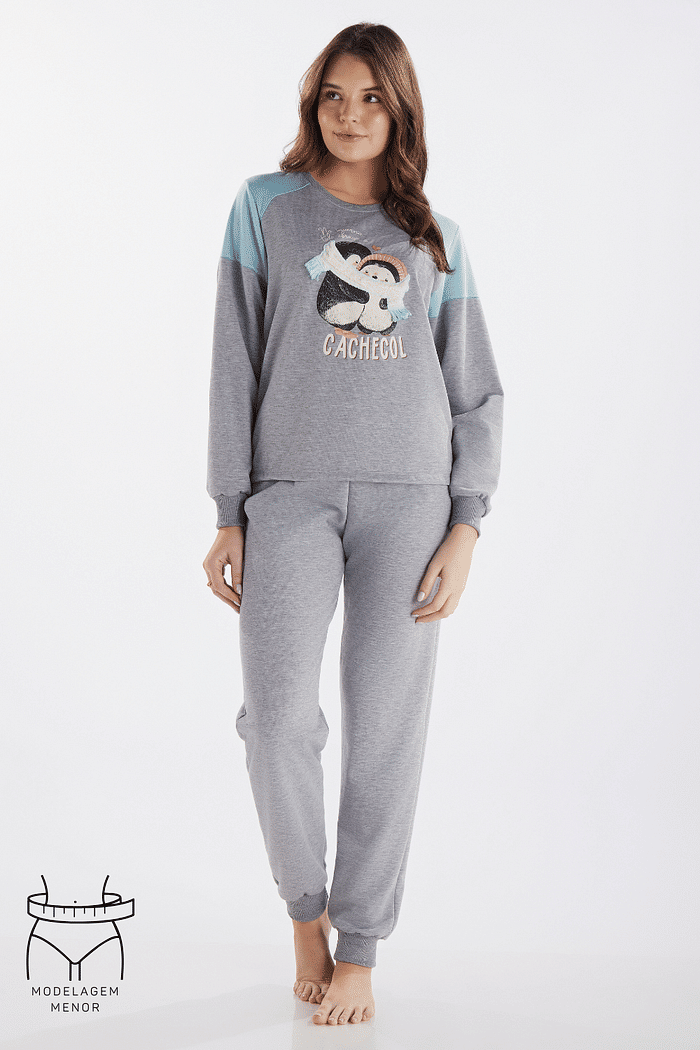PIJAMA MANGA LONGA COM CALCA EM MOLETINHO FEMININO