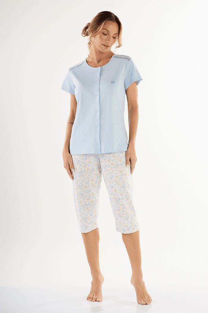 PIJAMA FEMININO MEIA MANGA ABERTURA FRONTAL COM CAPRI EM MEIA MALHA