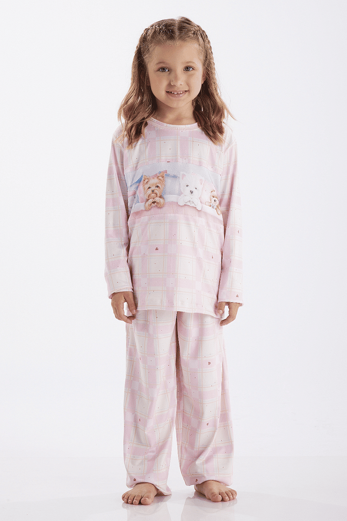 PIJAMA FEMININO INFANTIL MANGA LONGA COM CALÇA EM MALHA MODAL