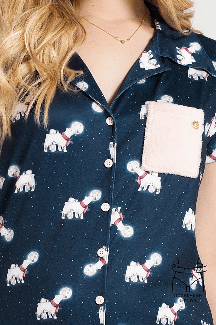 PIJAMA MEIA MANGA ABERTURA FRONTAL COM SHORTS EM MALHA SOFT TOUCH FEMININO 