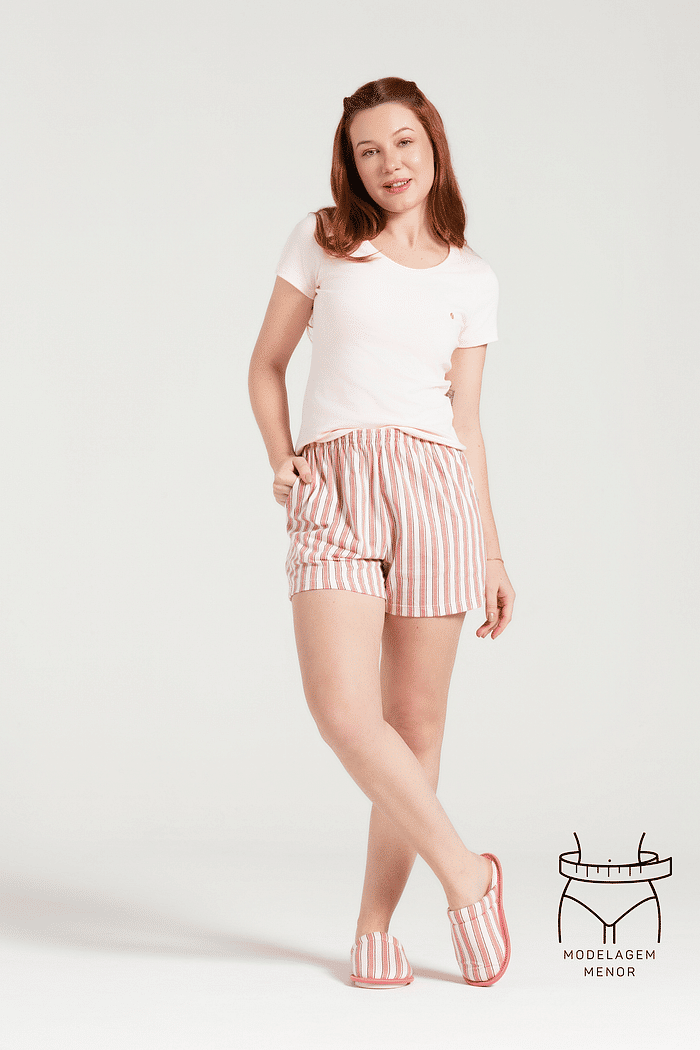 PIJAMA MEIA MANGA EM RIBANA 1X1 COM SHORTS EM MALHA ROTATIVA FEMININO 