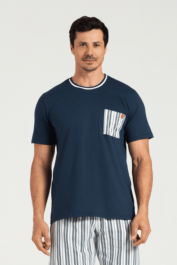 PIJAMA MEIA MANGA EM MEIA MALHA COM BERMUDA EM MALHA ROTATIVA MASCULINO 