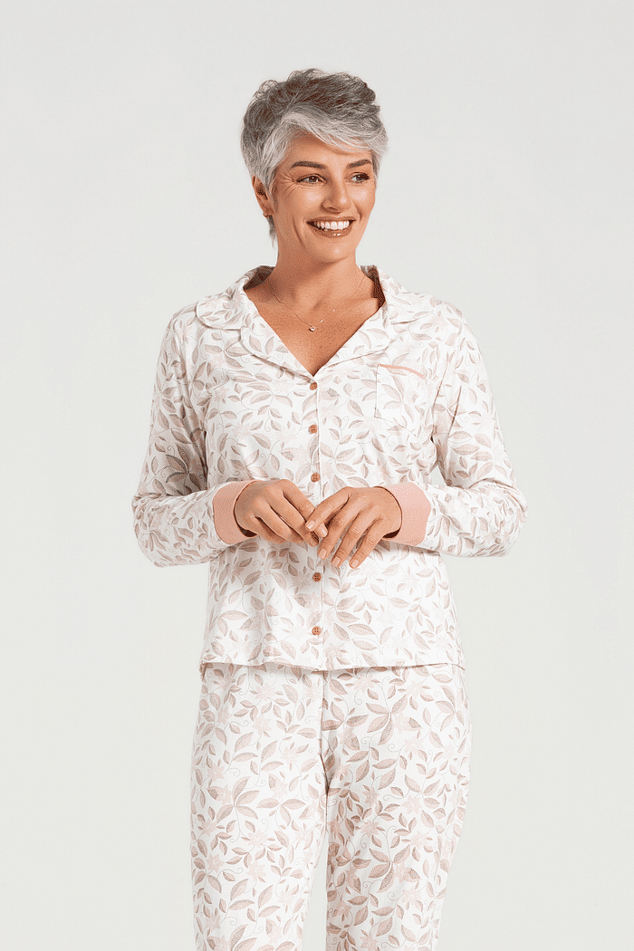 PIJAMA MANGA LONGA ABERTURA FRONTAL COM CALCA EM MALHA ROTATIVA FEMININO