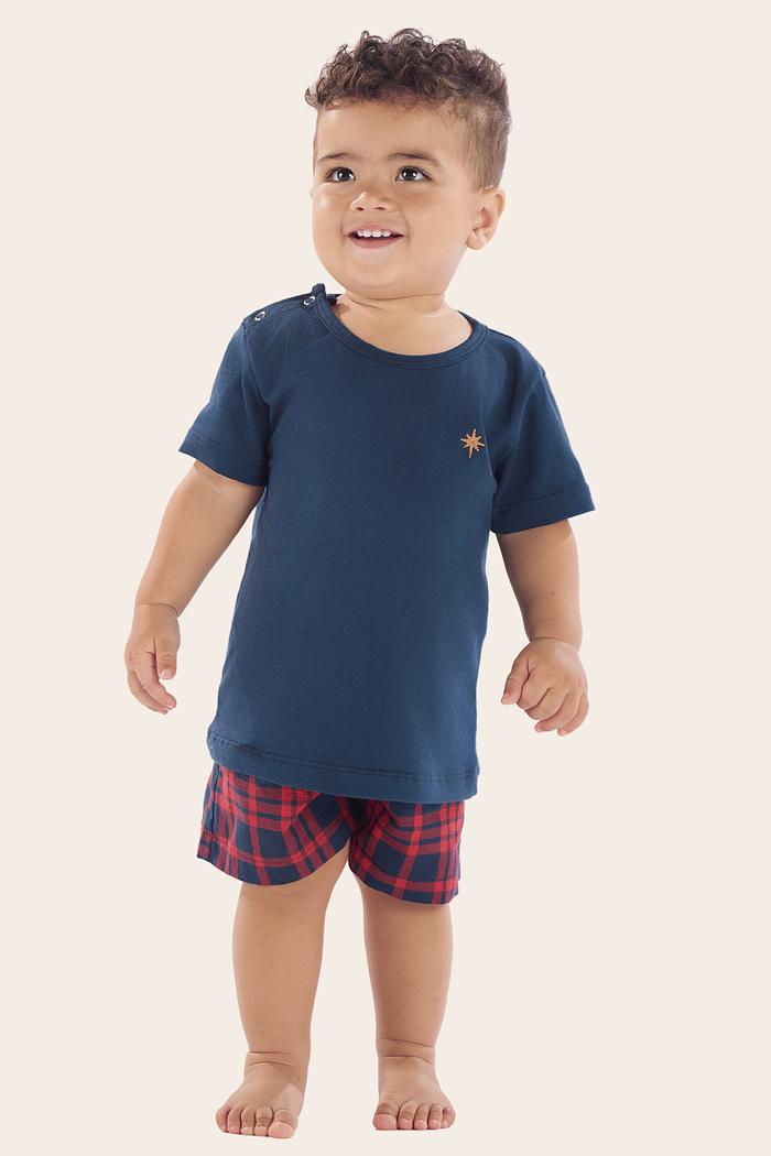 PIJAMA MEIA MANGA EM MEIA MALHA COM SHORTS EM TECIDO TINKER UNISSEX 