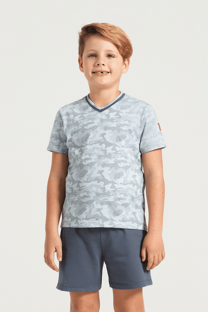 PIJAMA MEIA MANGA EM MALHA ROTATIVA COM BERMUDA EM MEIA MALHA MASCULINO 