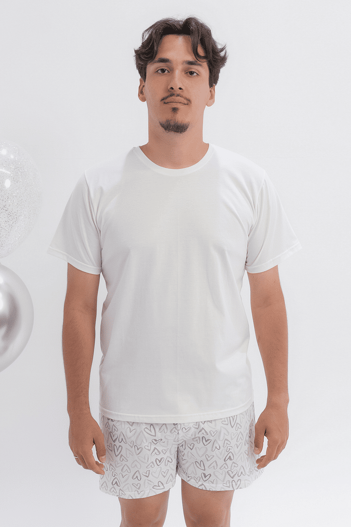 PIJAMA MEIA MANGA COM SHORTS EM MALHA ROTATIVA E CAMISA BRANCA MASCULINO