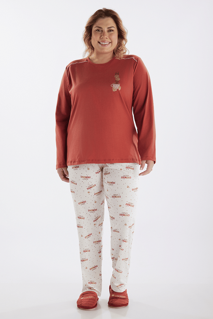 PIJAMA MANGA LONGA EM MEIA MALHA COM CALCA EM MALHA ROTATIVA FEMININO 