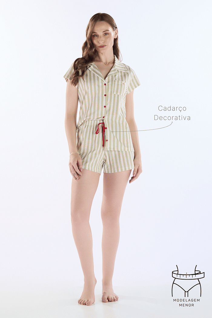 PIJAMA MEIA MANGA ABERTURA FRONTAL COM SHORTS EM MALHA ROTATIVA FEMININO