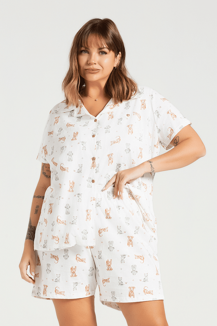 PIJAMA AMERICANO COM SHORTS EM MEIA MALHA PLUS SIZE FEMININO
