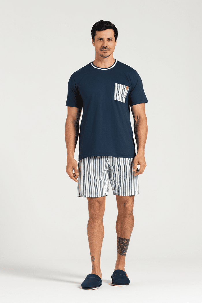 PIJAMA MEIA MANGA EM MEIA MALHA COM BERMUDA EM MALHA ROTATIVA MASCULINO 