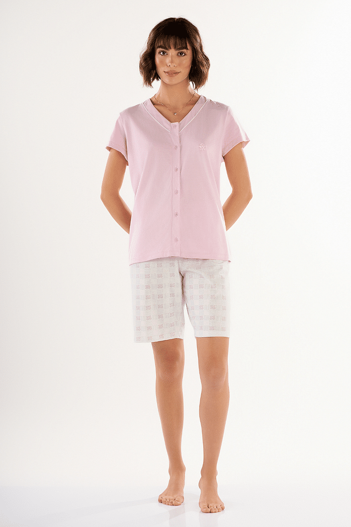 PIJAMA FEMININO MEIA MANGA ABERTURA FRONTAL COM BERMUDA EM MEIA MALHA