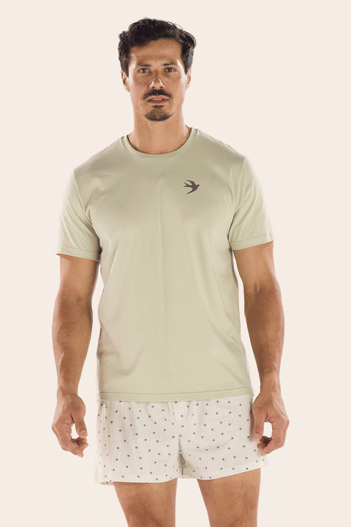 PIJAMA MEIA MANGA EM MEIA MALHA COM SAMBA CANÇÃO EM MALHA ROTATIVA MASCULINO 