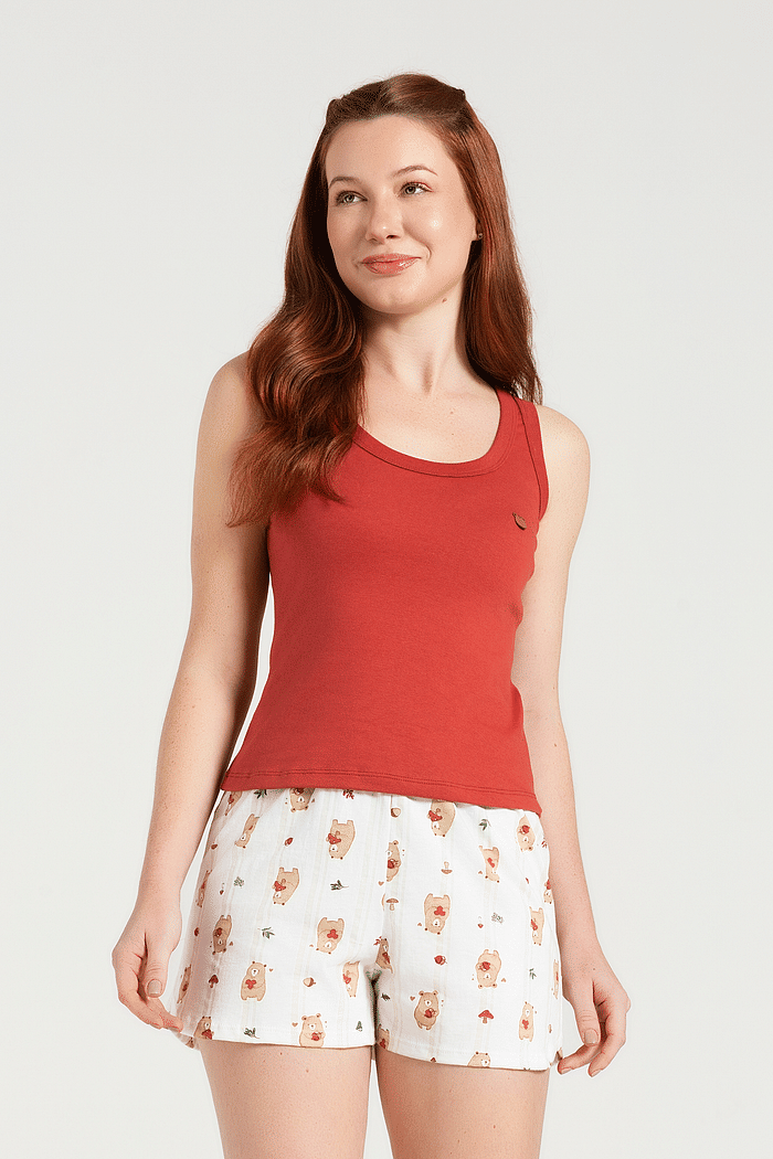 PIJAMA REGATA EM RIBANA 1X1 COM SHORTS EM MALHA ROTATIVA FEMININO 