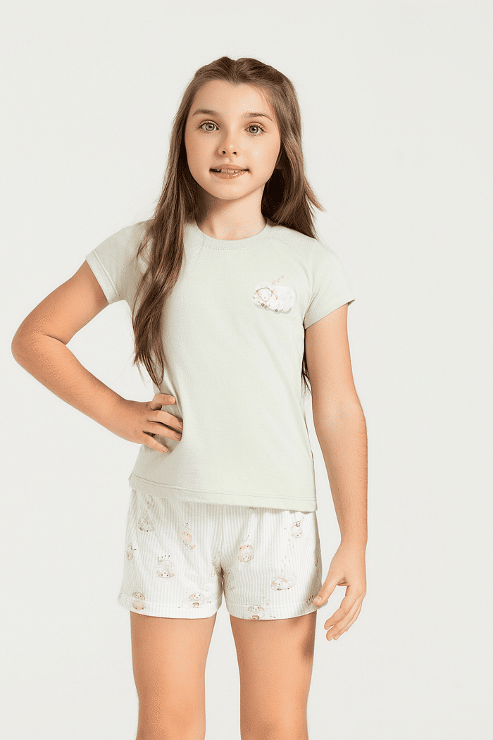 PIJAMA MEIA MANGA EM MEIA MALHA COM SHORTS EM MALHA ROTATIVA FEMININO 