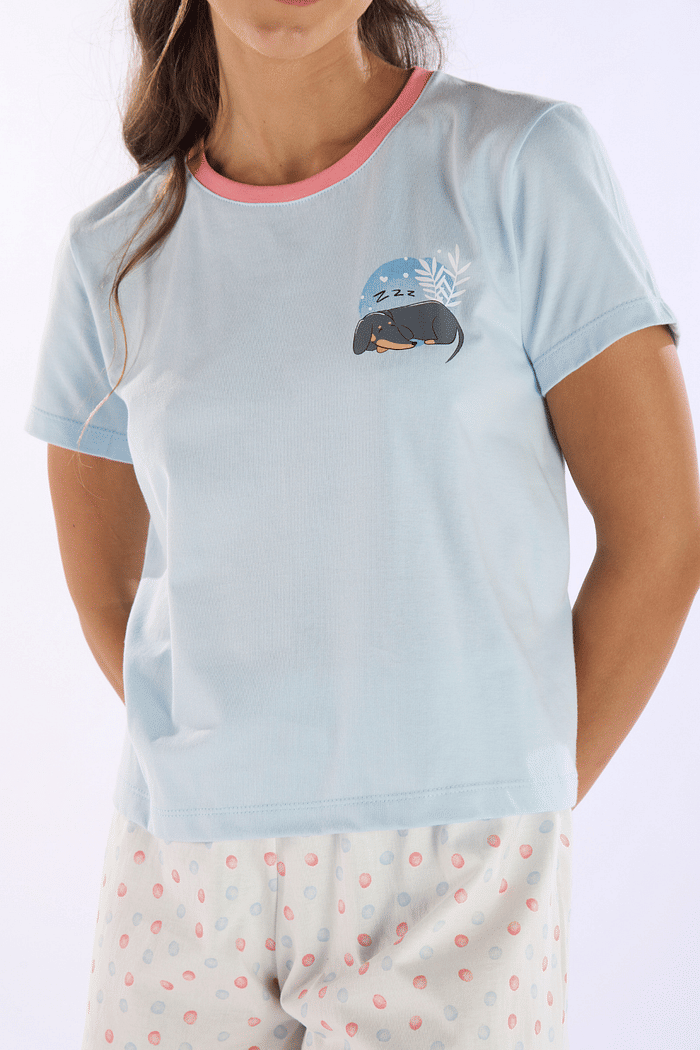 PIJAMA MEIA MANGA EM MEIA MALHA COM SHORTS EM MALHA ROTATIVA FEMININO