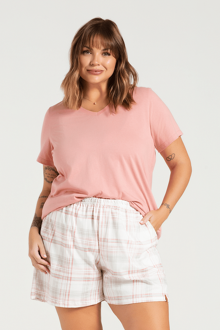 PIJAMA MEIA MANGA COM SHORTS EM MEIA MALHA PLUS SIZE FEMININO