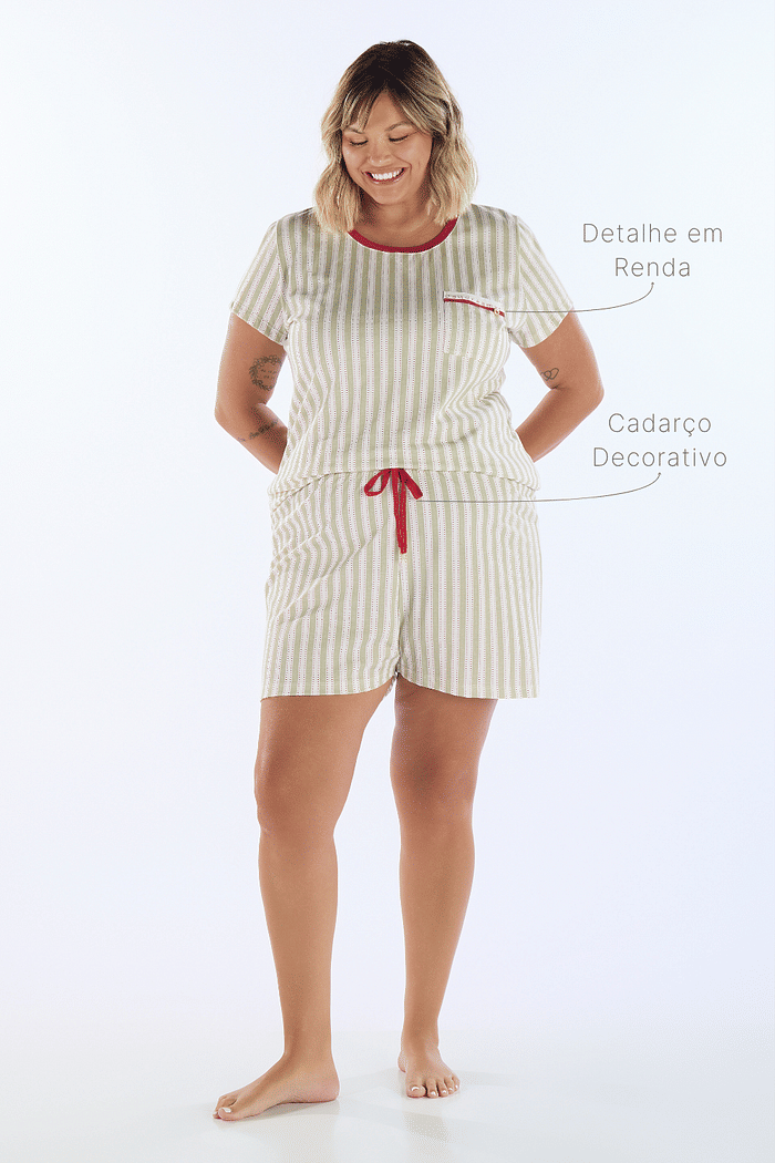 PIJAMA MEIA MANGA COM SHORTS EM MALHA ROTATIVA FEMININO 