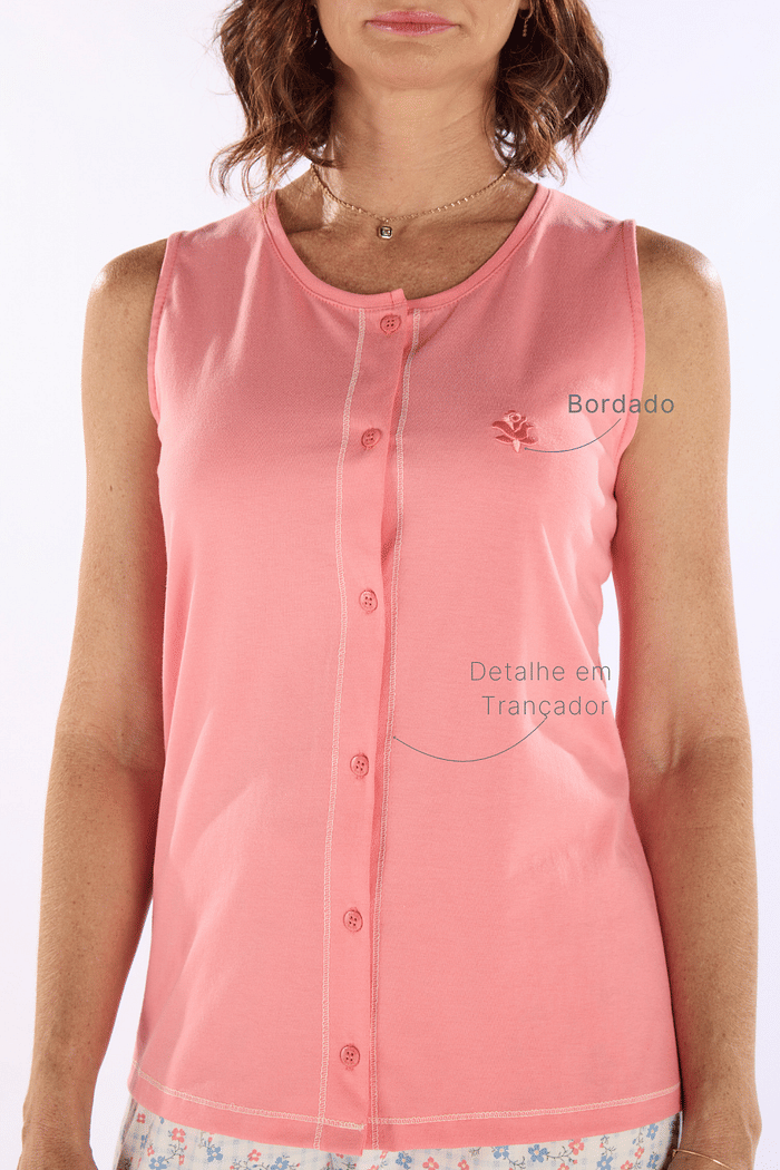 PIJAMA REGATA ABERTURA FRONTAL EM MEIA MALHA COM BERMUDA EM MALHA ROTATIVA FEMININO