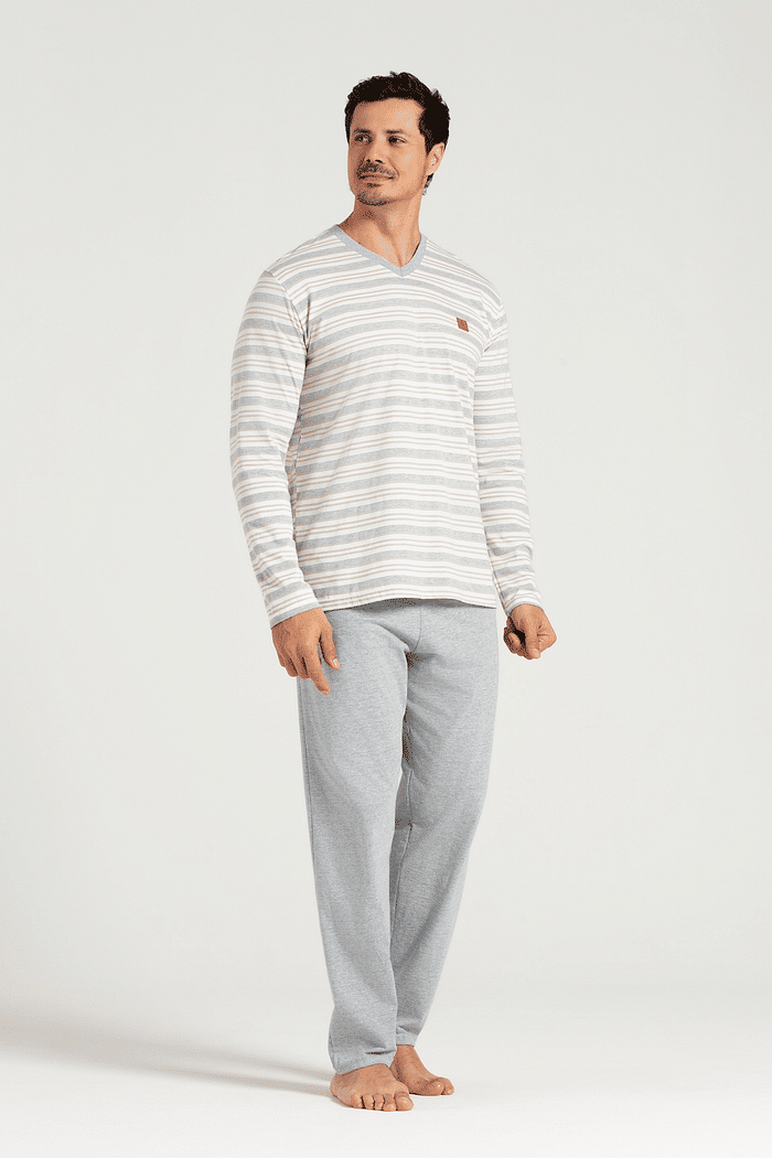 PIJAMA MANGA LONGA EM FIO TINTO COM CALCA EM MEIA MALHA MASCULINO 