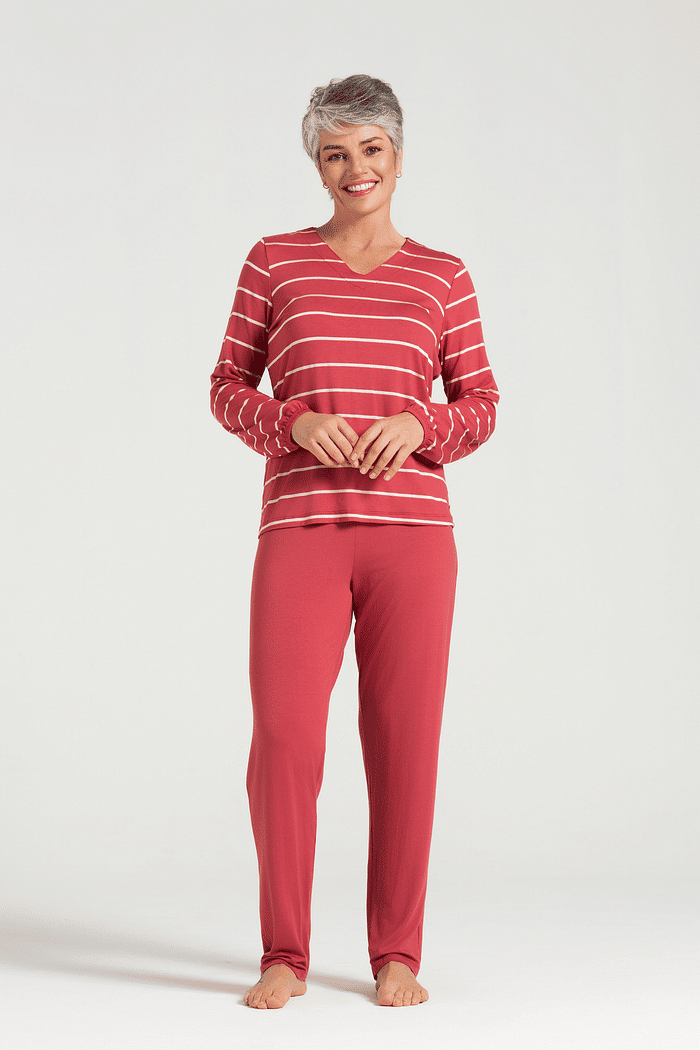 PIJAMA MANGA LONGA EM MALHA STRIPE GOLDEN COM CALCA EM VISCOLYCRA FEMININO 