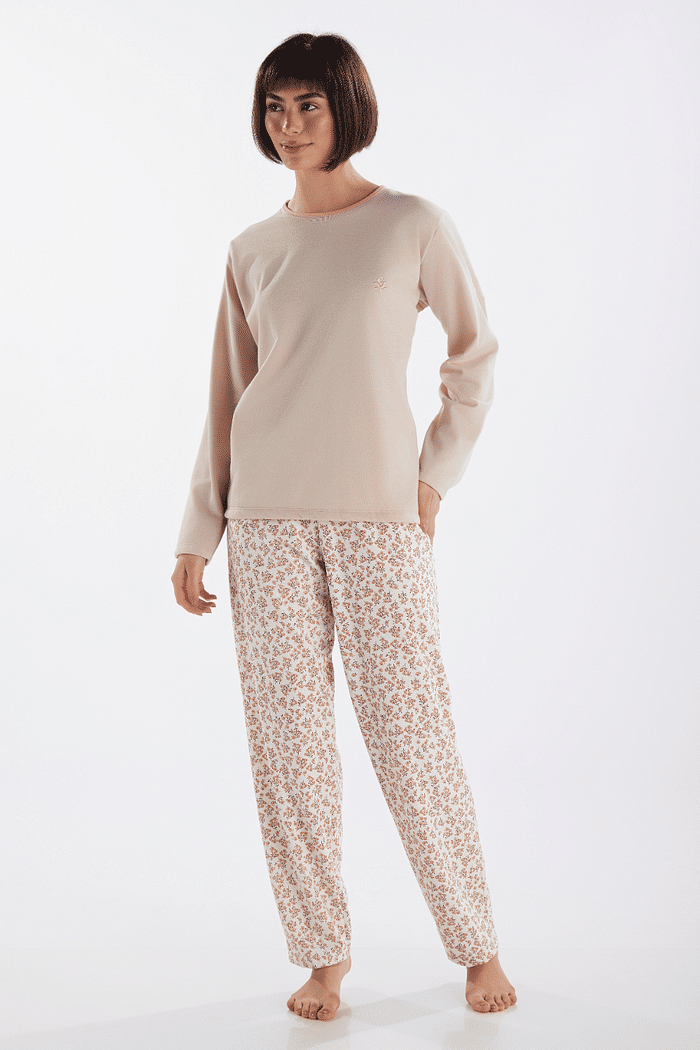 PIJAMA MANGA LONGA EM MOLETINHO COM CALCA EM MOLETINHO ROTATIVO FEMININO 