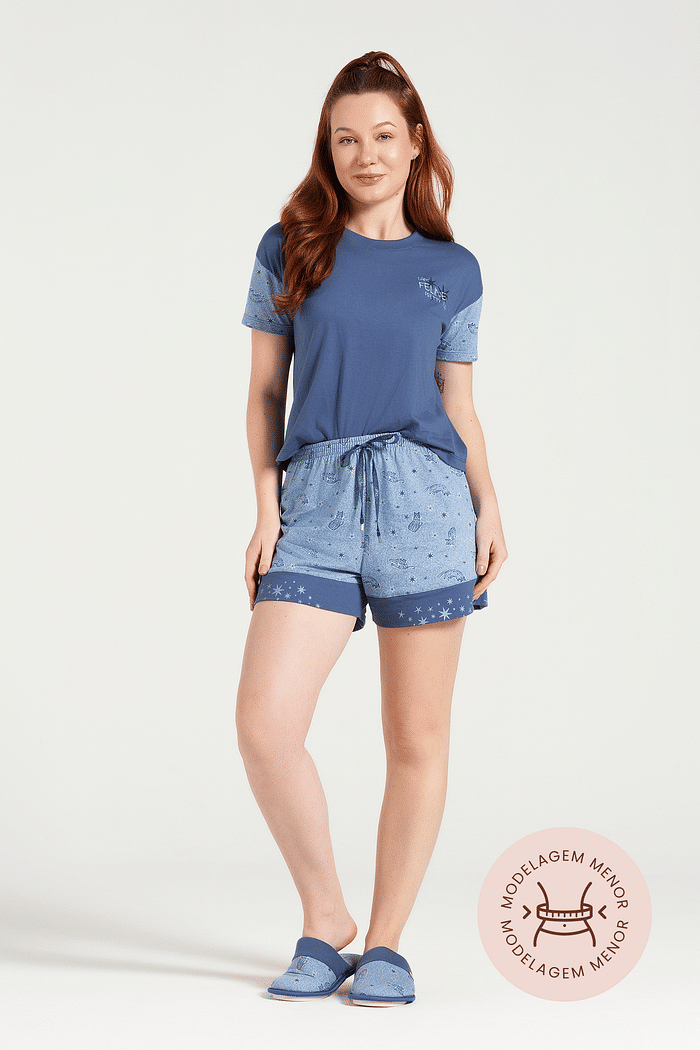 PIJAMA MEIA MANGAEM MEIA MALHA COM SHORTS EM MALHA ROTATIVA FEMININO 