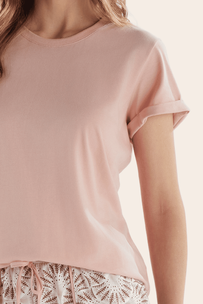 PIJAMA MEIA MANGA EM MEIA MALHA COM SHORTS EM MALHA ROTATIVA FEMININO