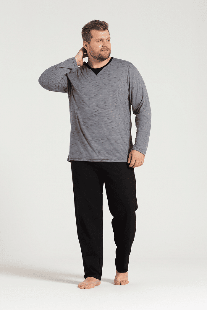 PIJAMA MANGA LONGA EM MALHA JET COM CALCA EM MEIA MALHA MASCULINO 