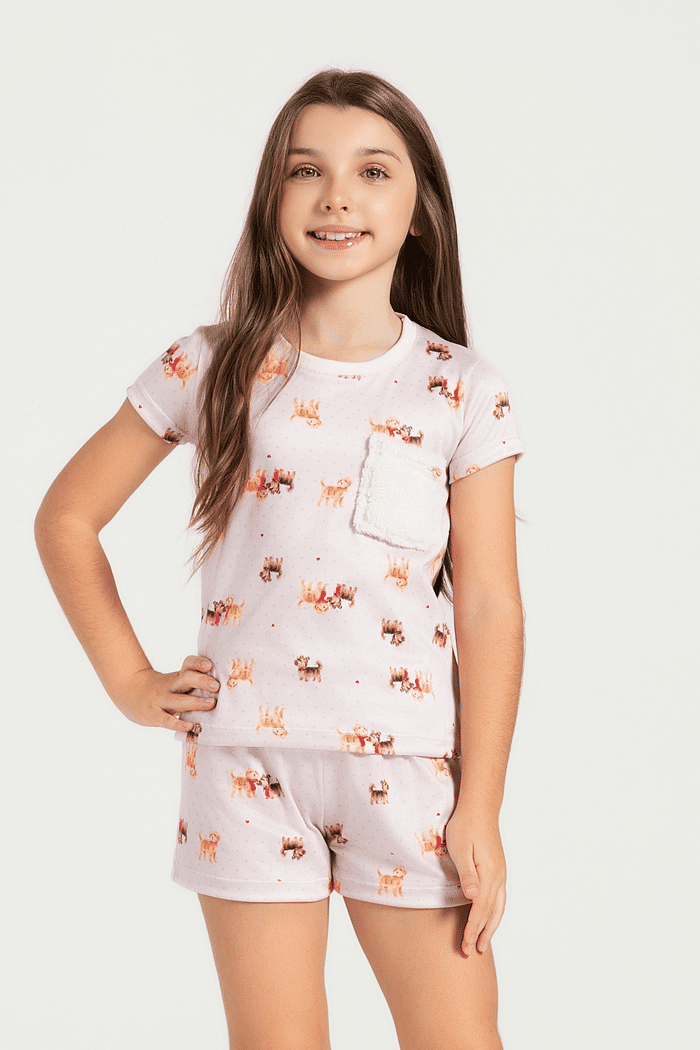 PIJAMA MEIA MANGA COM SHORTS EM MALHA SOFT TOUCH ROTATIVA FEMININO 