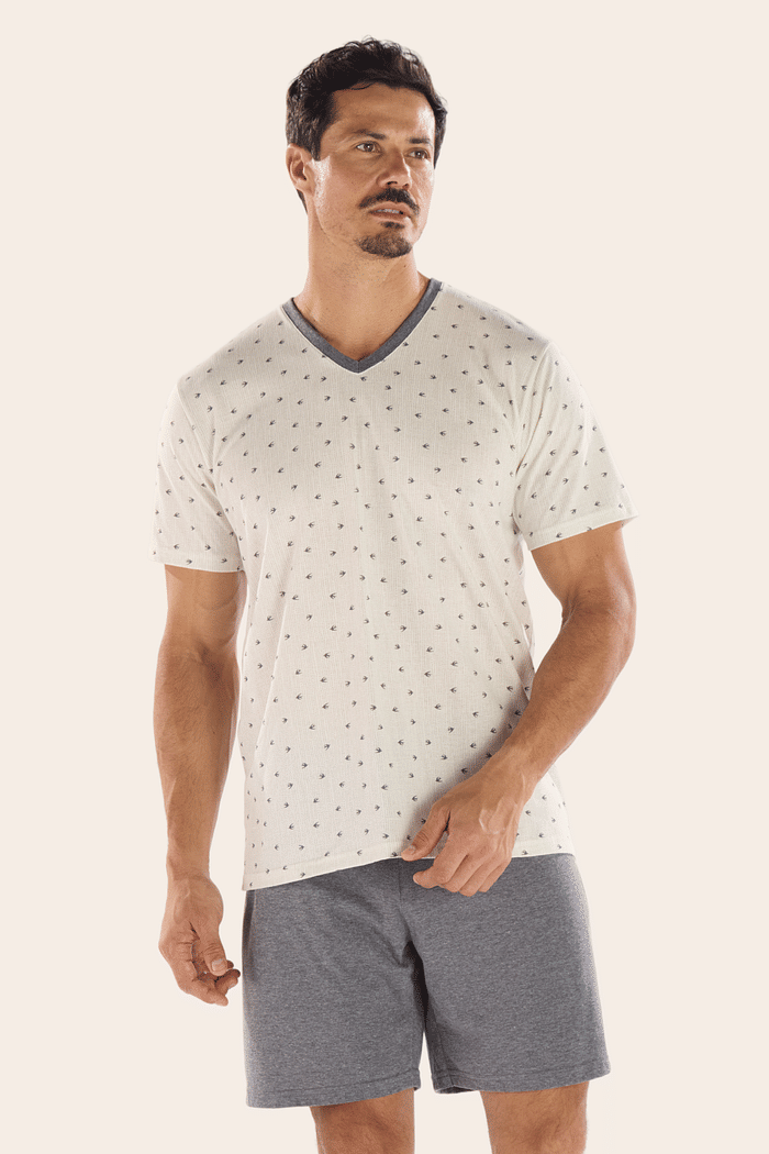 PIJAMA MEIA MANGA EM MALHA ROTATIVA COM BERMUDA EM MEIA MALHA MASCULINO 