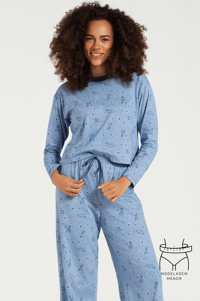 PIJAMA MANGA LONGA COM CALCA WIDELEG EM MALHA ROTATIVA FEMININO 