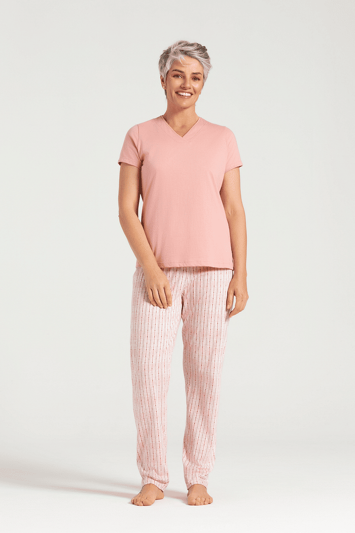 PIJAMA MEIA MANGA EM MEIA MALHA COM CALCA EM MALHA ROTATIVA FEMININO 