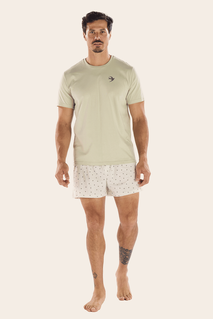 PIJAMA MEIA MANGA EM MEIA MALHA COM SAMBA CANÇÃO EM MALHA ROTATIVA MASCULINO 