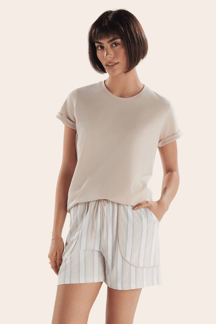 PIJAMA MEIA MANGA EM MEIA MALHA COM SHORTS EM MALHA ROTATIVA FEMININO