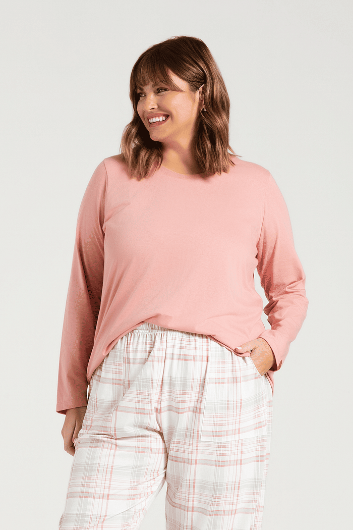 PIJAMA MANGA LONGA EM MEIA MALHA COM CALCA EM MALHA ROTATIVA FEMININO 