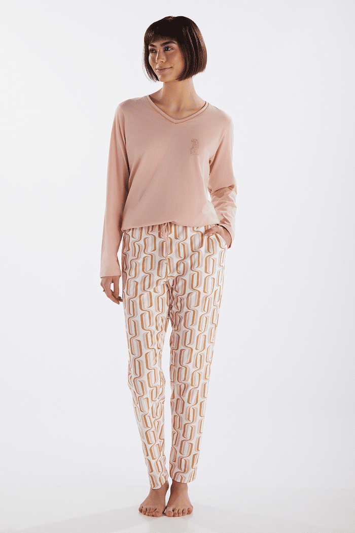 PIJAMA MANGA LONGA EM MEIA MALHA COM CALCA EM MALHA ROTATIVA FEMININO 