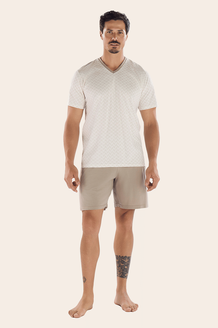 PIJAMA MEIA MANGA EM MALHA ROTATIVA COM BERMUDA EM MEIA MALHA MASCULINO 
