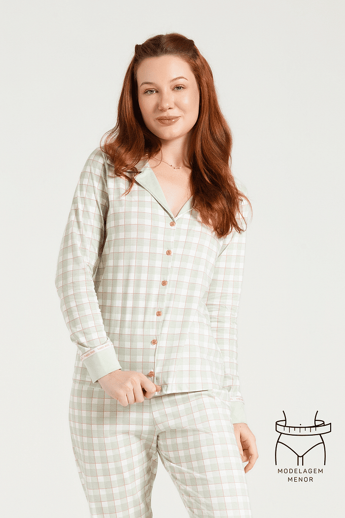 PIJAMA MANGA LONGA ABERTURA FRONTAL COM CALCA EM MALHA ROTATIVA FEMININO 