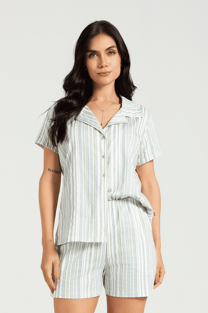 PIJAMA MEIA MANGA ABERTURA FRONTAL COM SHORTS EM MALHA ROTATIVA FEMININO 