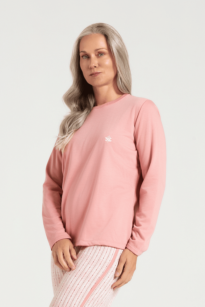 PIJAMA MANGA LONGA EM MOLETINHO COM CALCA EM MOLETINHO ROTATIVO FEMININO 