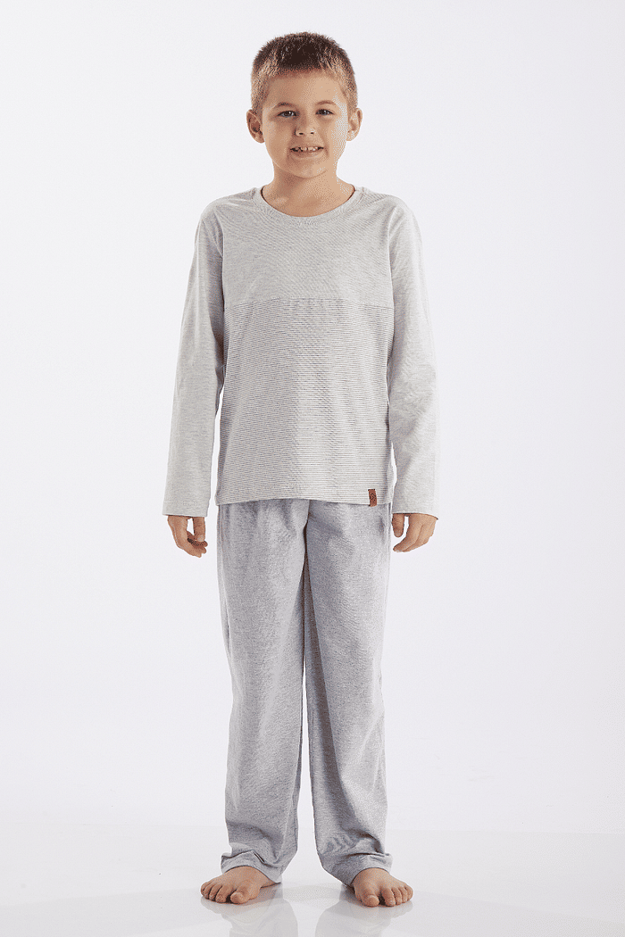 PIJAMA MASCULINO INFANTIL MANGA LONGA COM CALÇA EM MEIA MALHA E FIO TINTO