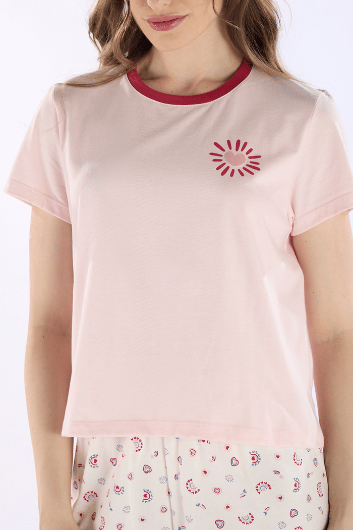 PIJAMA MEIA MANGA EM MEIA MALHA COM SHORTS EM MALHA ROTATIVA FEMININO