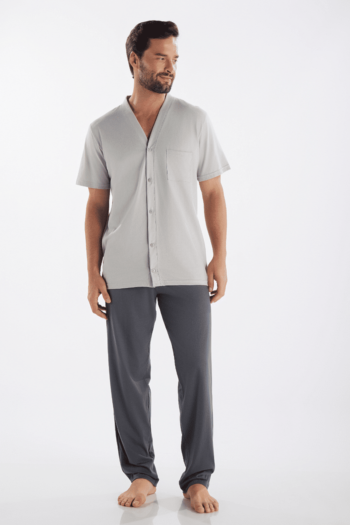 PIJAMA MASCULINO MEIA MANGA ABERTURA FRONTAL COM CALÇA EM MEIA MALHA