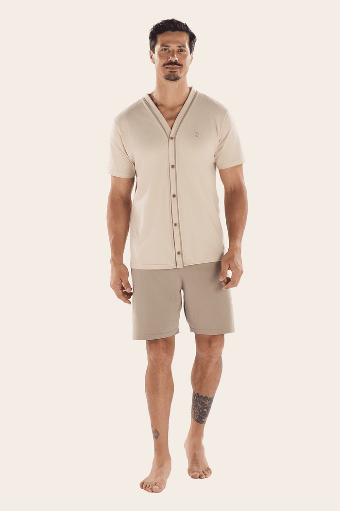 PIJAMA MEIA MANGA ABERTURA FRONTAL COM BERMUDA EM MEIA MALHA MASCULINO 