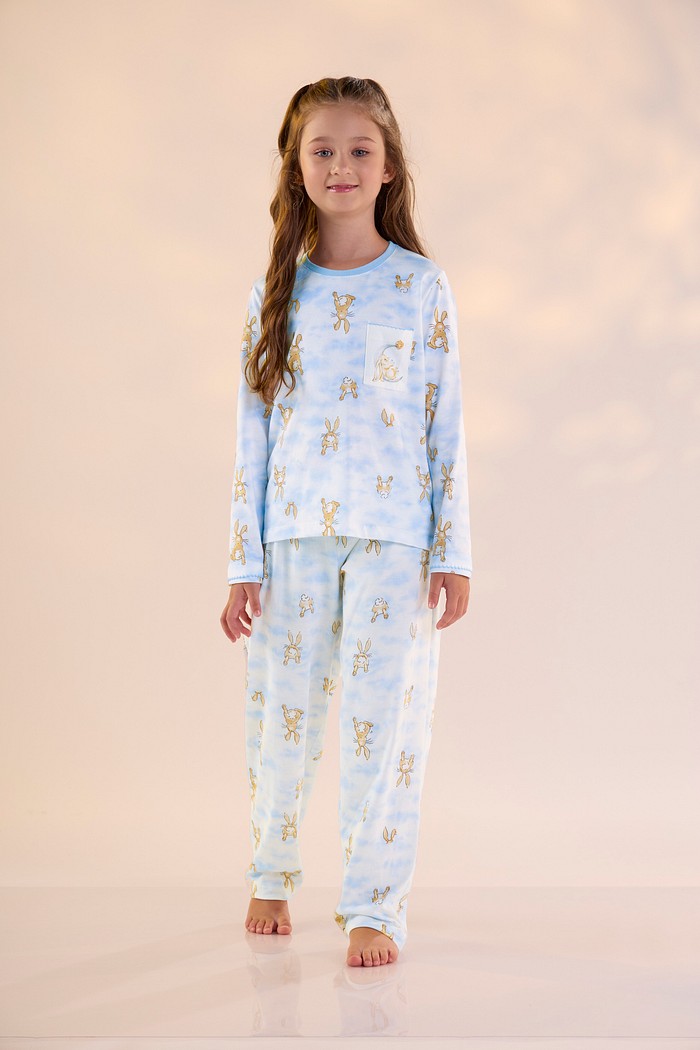 PIJAMA FEMININO INFANTIL MANGA LONGA COM CALÇA EM MEIA MALHA
